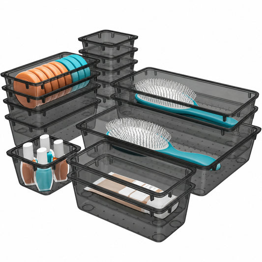 15-Piece Clear Drawer Organizer Set – Multi Size Storage Bins for Makeup, Bathroom, Office & Home Organization